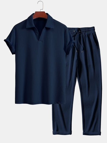 Textured V-Neck Polo & Trousers Set